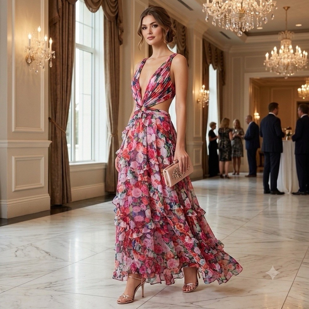 Mac Duggal Maxi Dress 6 Floral V Neck Tiered Ruffle Cotout Formal Evening 68076